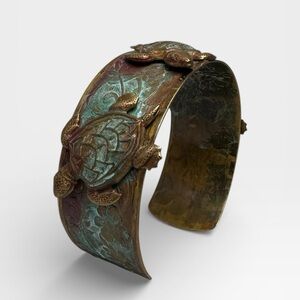 Elaine Coyne Collectible Artwear Sea Turtle Cuff Bracelet Verdigris Patina Brass